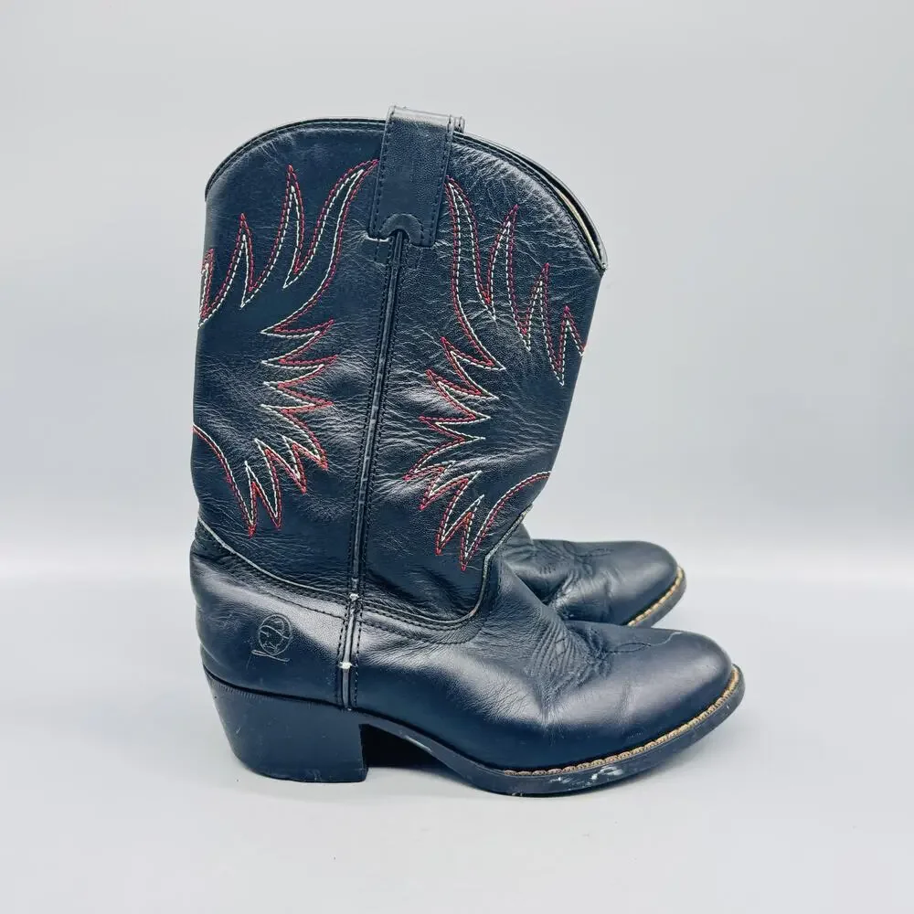 Durango Boots Boys 2.5Y Black Leather Western Cowboy Mid Calf Block Heel Shoes